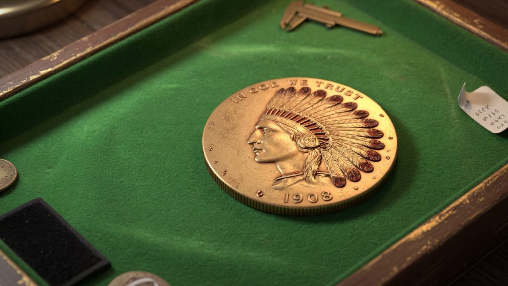 An Indian Head United States quarter eagle on green felt
