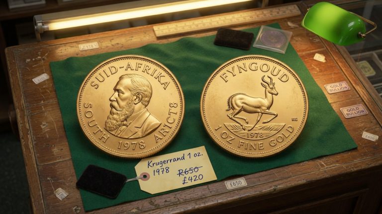 A 1978 Krugerrand showing Paul Kruger and the springbok reverse on a shop pad