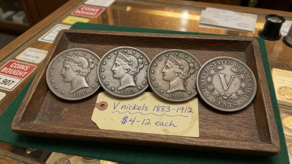 1883 and 1901 Liberty Head nickels with a V reverse in a wooden tray