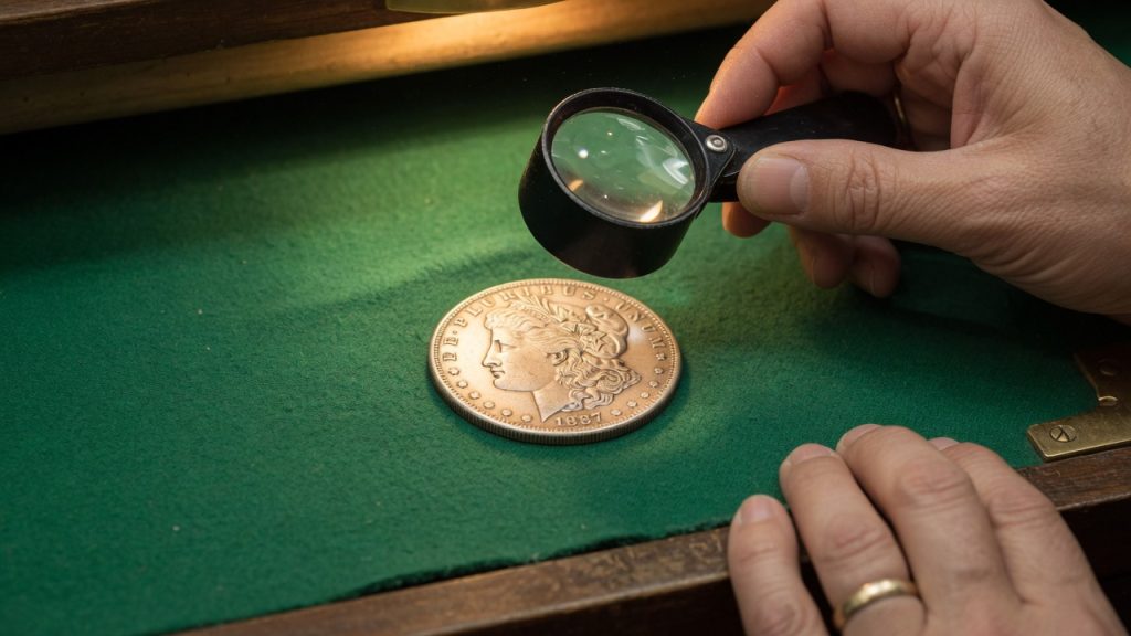 A jeweler loupe held over a Morgan silver dollar on a green felt shop tray