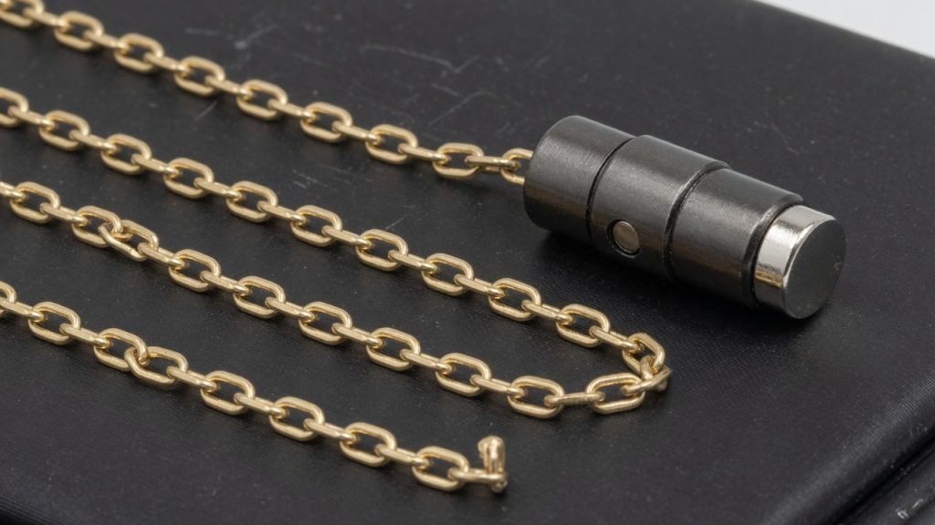 A yellow-gold chain on a black pad with a dark magnetic clasp and a small magnet stuck to the clasp