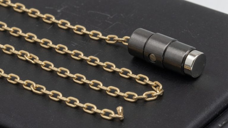 A yellow-gold chain on a black pad with a dark magnetic clasp and a small magnet stuck to the clasp