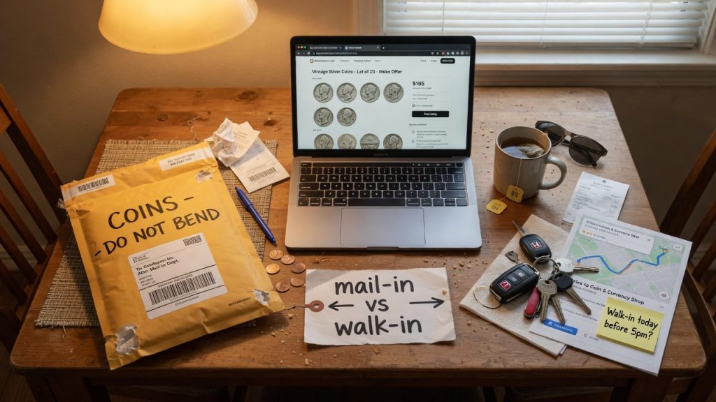 A coins mailer and a laptop listing on one side, car keys and a map on the other