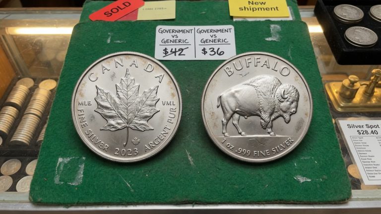 A Canadian Maple Leaf beside a generic buffalo silver round, tagged government vs generic