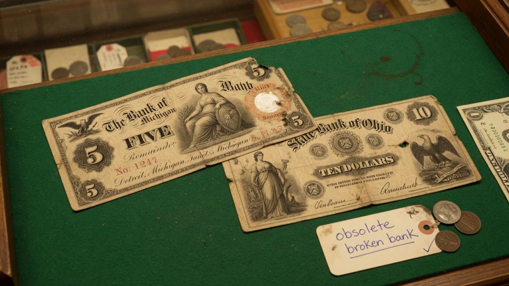 An obsolete Bank of Michigan $5 and a State Bank of Ohio $10 on green felt