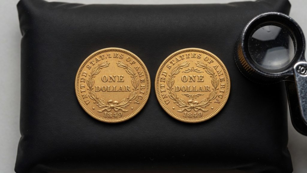 Two tiny gold dollars: one wreath open at the top, one wreath closed, with a loupe