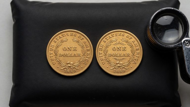 Two tiny gold dollars: one wreath open at the top, one wreath closed, with a loupe
