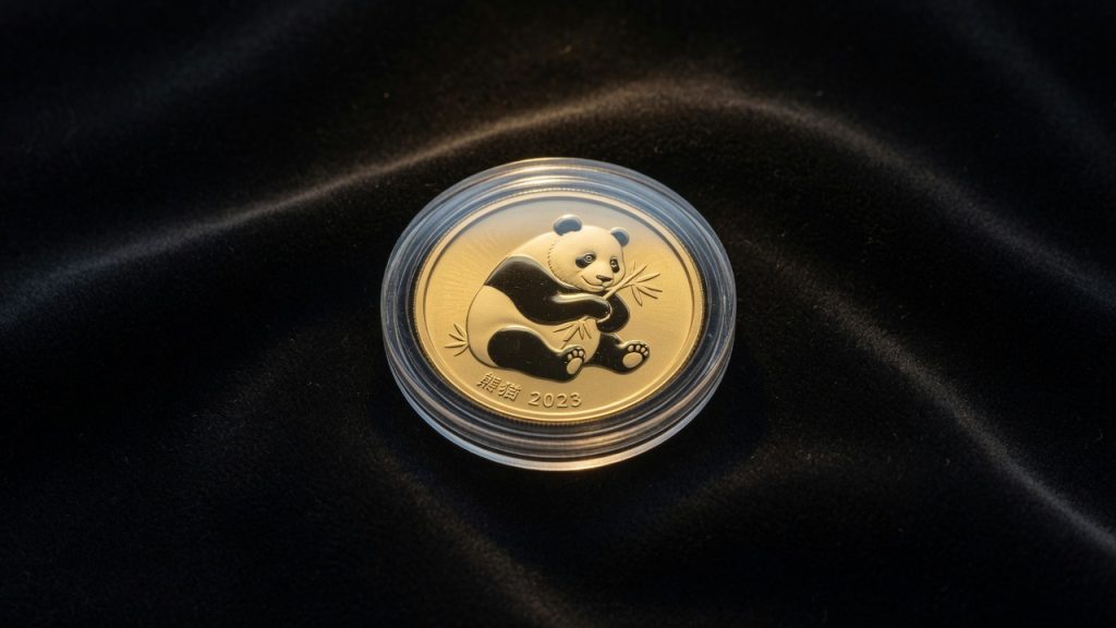 Gold panda motif coin in a capsule