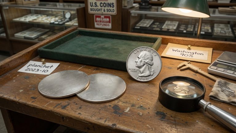 Two blank silver-colored planchets beside a struck Washington quarter