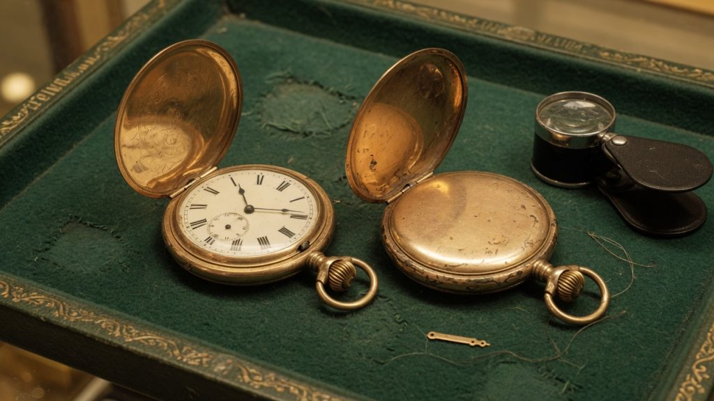Two antique pocket watches on a green felt tray; the cases are worn through the gold layer to brass