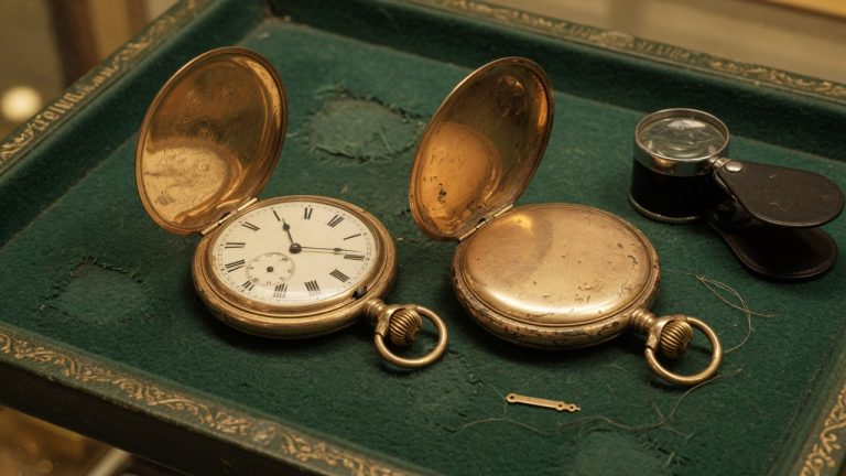 Two antique pocket watches on a green felt tray; the cases are worn through the gold layer to brass