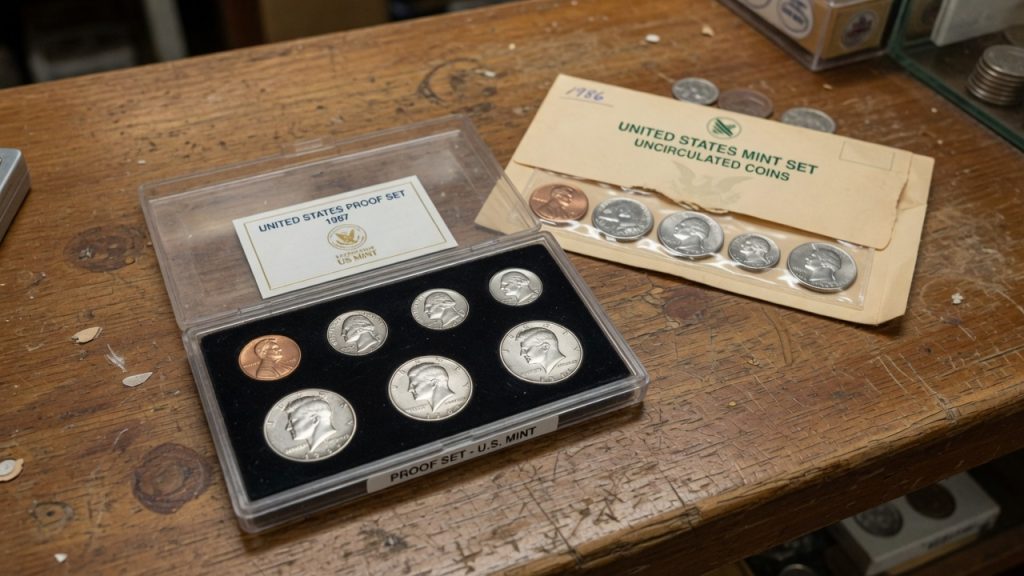 A United States proof set in a hard case beside a 1986 uncirculated mint-set envelope