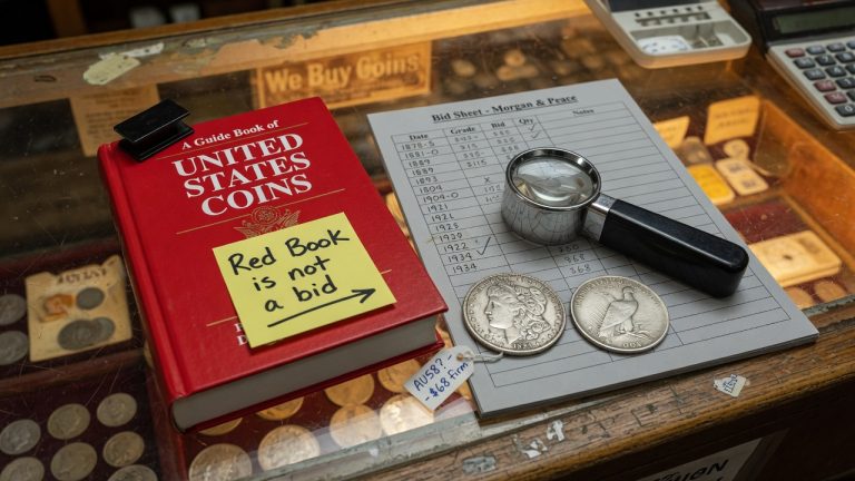 A Red Book on a shop case next to a handwritten dealer bid sheet, a loupe, and two silver dollars