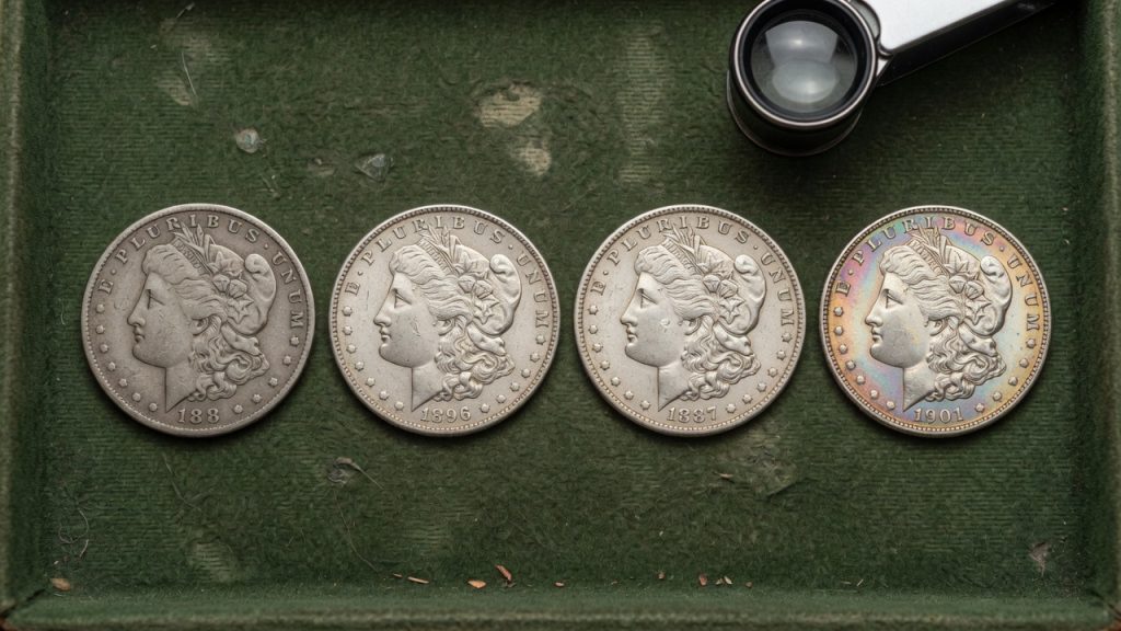 Four Morgan silver dollars on a green felt tray showing increasing remaining detail, with a jeweler loupe