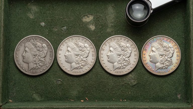 Four Morgan silver dollars on a green felt tray showing increasing remaining detail, with a jeweler loupe