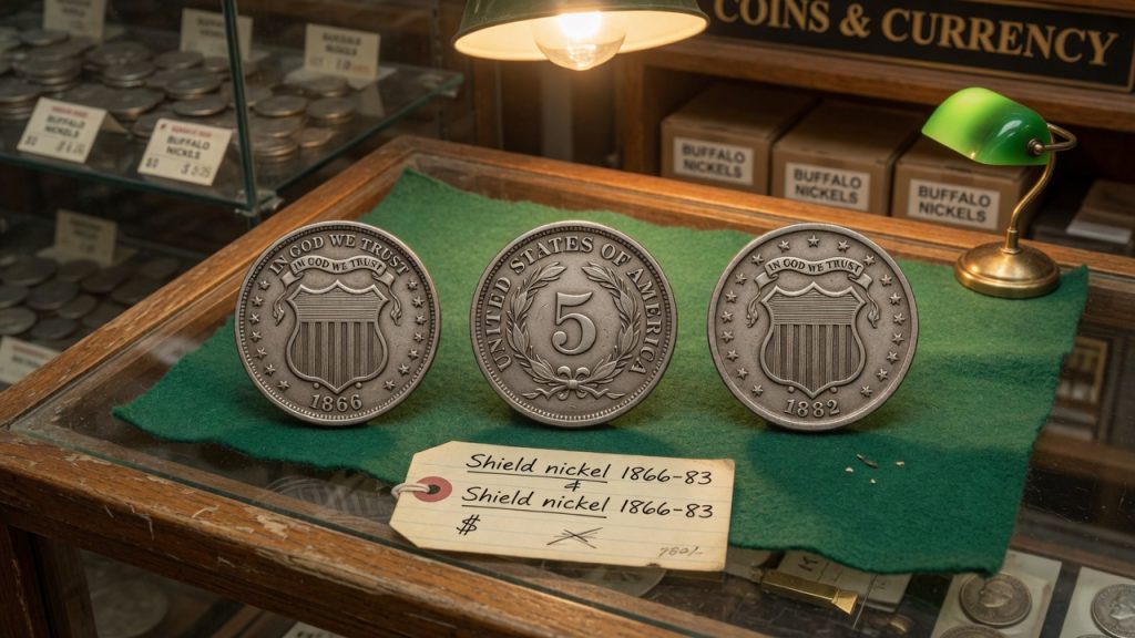 1866 and 1882 Shield nickels with a reverse showing a large 5