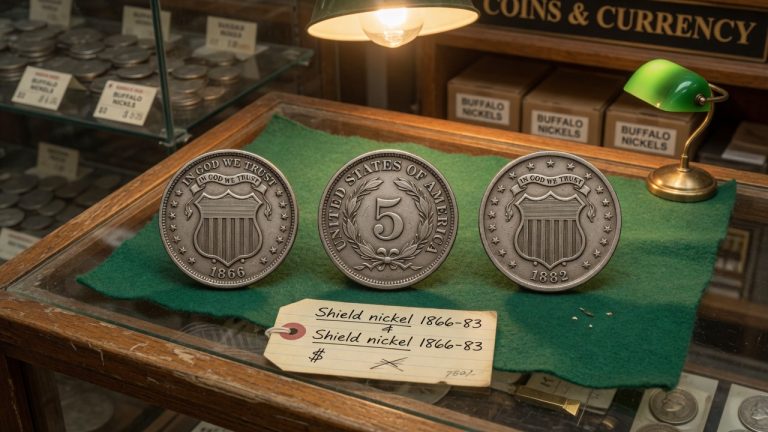 1866 and 1882 Shield nickels with a reverse showing a large 5