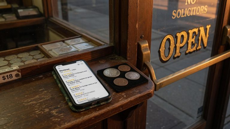 A phone showing star reviews on a coin-shop counter next to the OPEN door