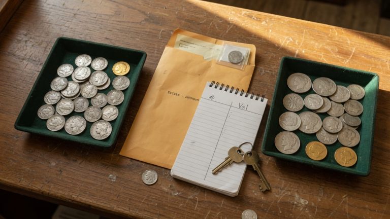 Two felt trays of inherited coins on a shop counter with an estate envelope, a notepad, and house keys