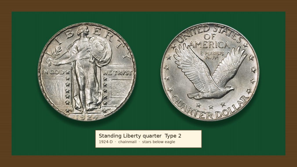 Real 1924-D Type 2 Standing Liberty quarter: Liberty in chainmail with shield, eagle reverse with stars below