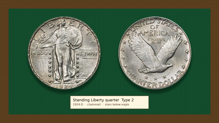 Real 1924-D Type 2 Standing Liberty quarter: Liberty in chainmail with shield, eagle reverse with stars below