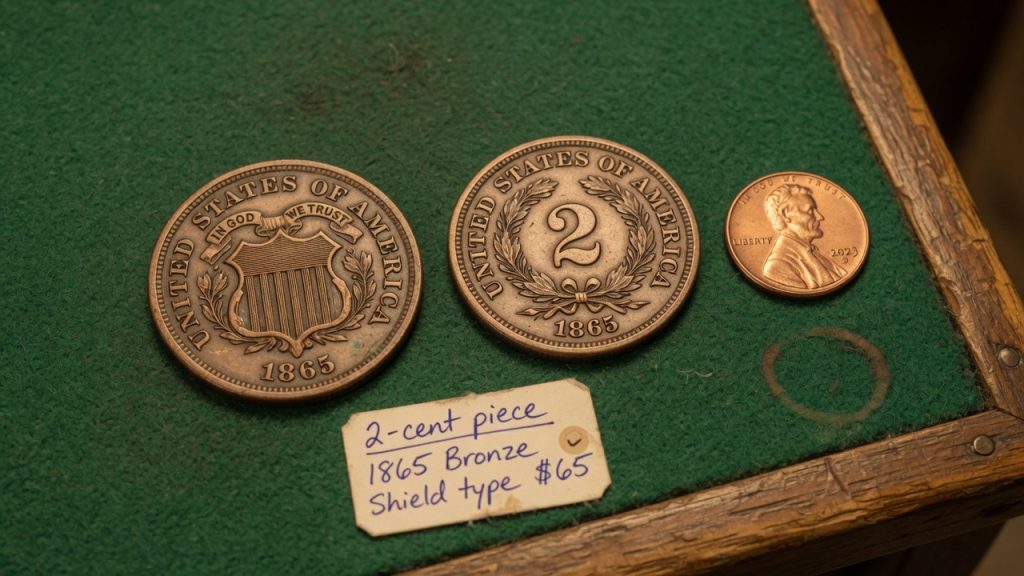 An 1865 shield two-cent piece, its reverse, and a modern Lincoln cent for size
