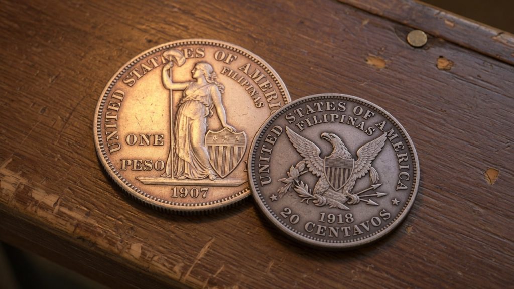 A US-Philippines one peso and a 20 centavos on a wooden counter