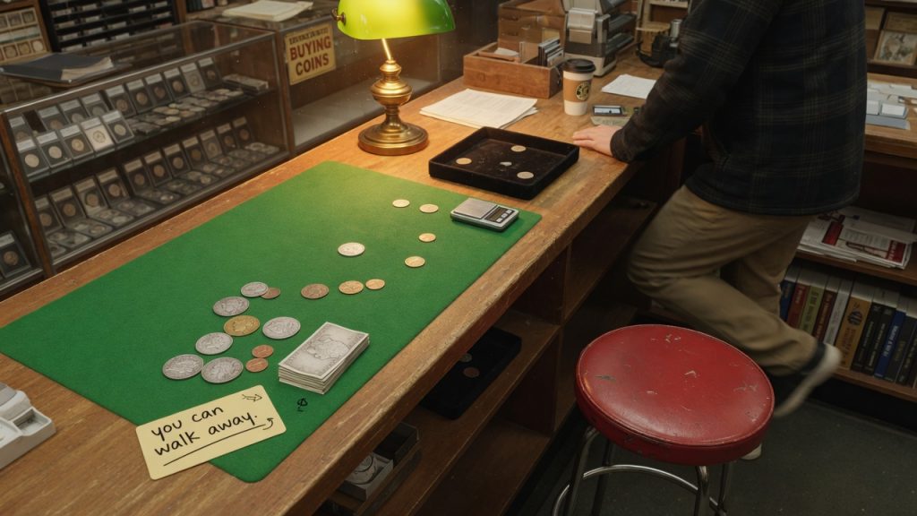 Coins still on the felt and an empty stool as a customer stands up — you can walk away