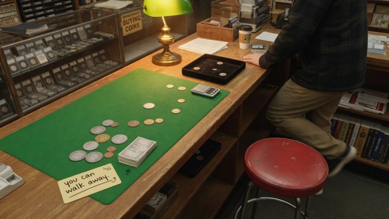 Coins still on the felt and an empty stool as a customer stands up — you can walk away