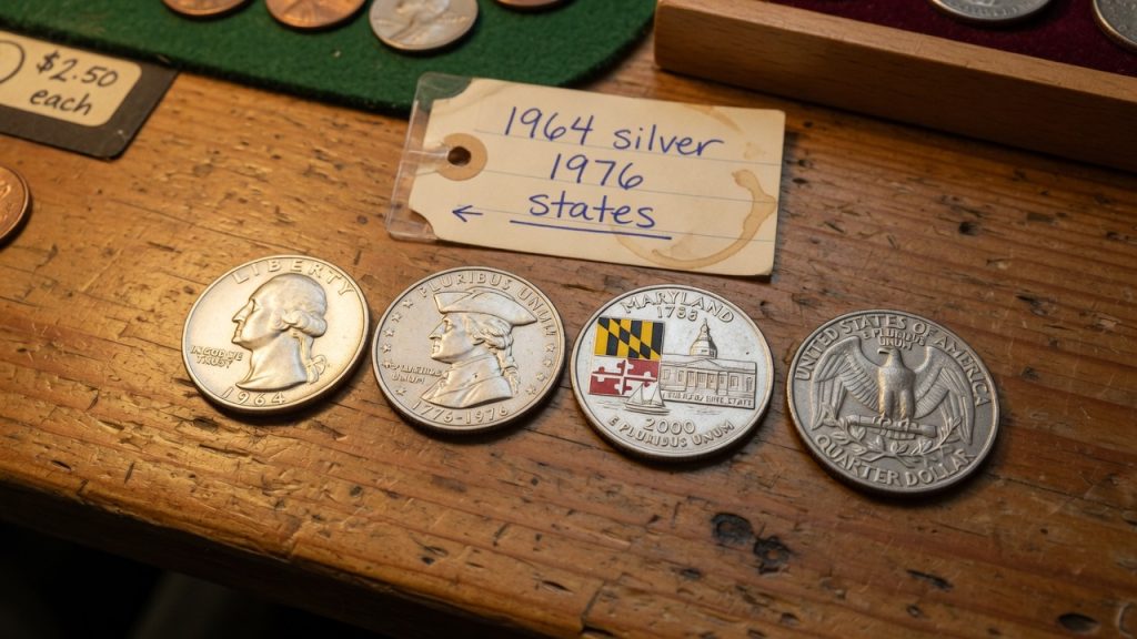 A 1964 Washington quarter, a 1976 Bicentennial quarter, and a state quarter