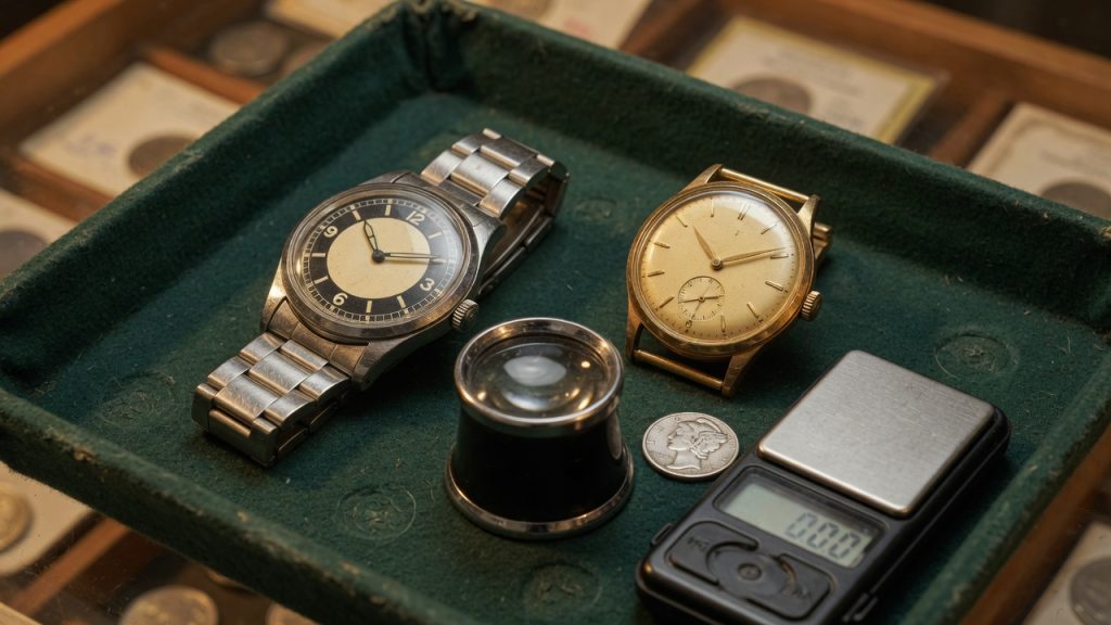 Steel sports watch and gold dress watch on a green felt coin-shop tray with a loupe, a silver dime, and a jewelry scale
