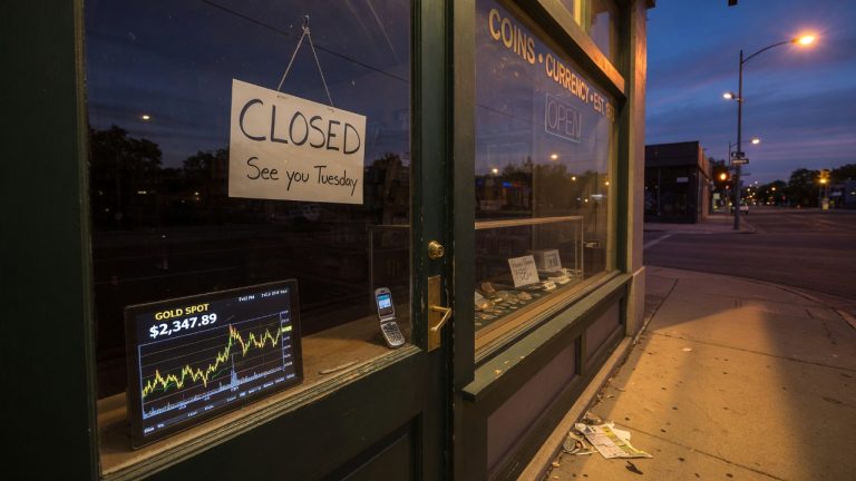 A coin shop closed sign at dusk with a gold spot chart in the window