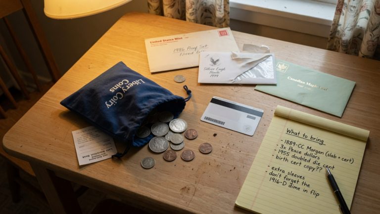 A cloth coin bag, mint envelopes, a face-down ID, and a what-to-bring notepad