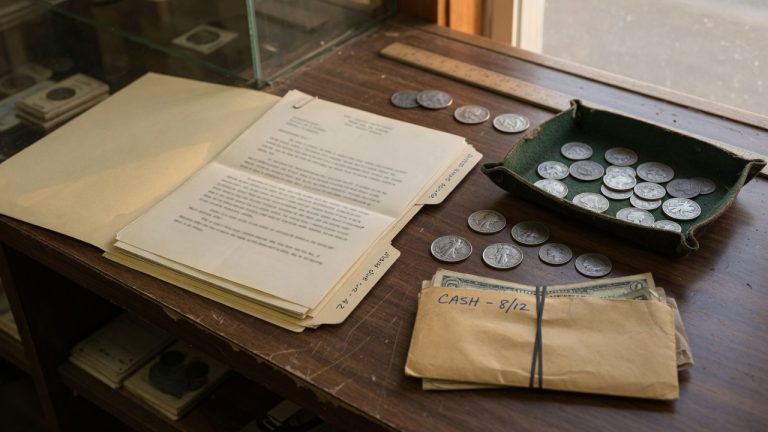 A typed letter in a manila folder on a coin-shop counter next to a cash envelope and a tray of silver coins