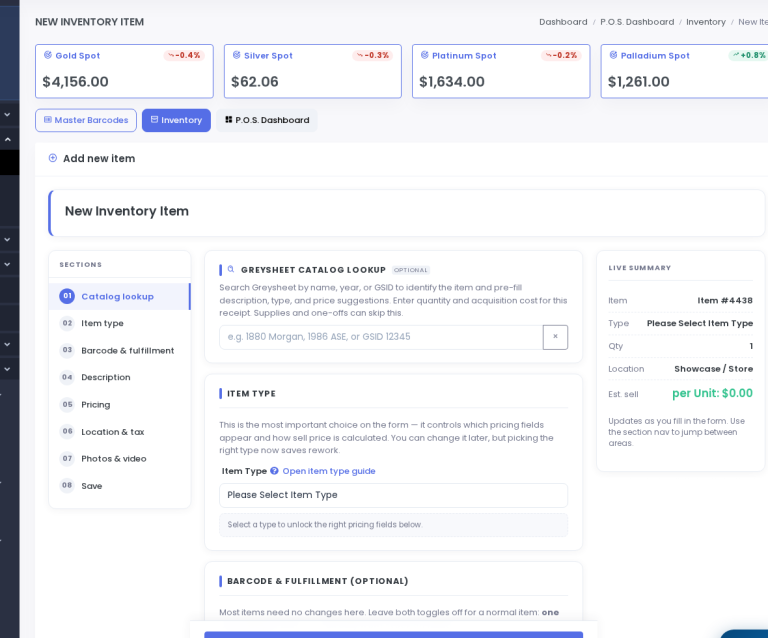 SpotPro New Inventory Item form for Goldbacks and other stock