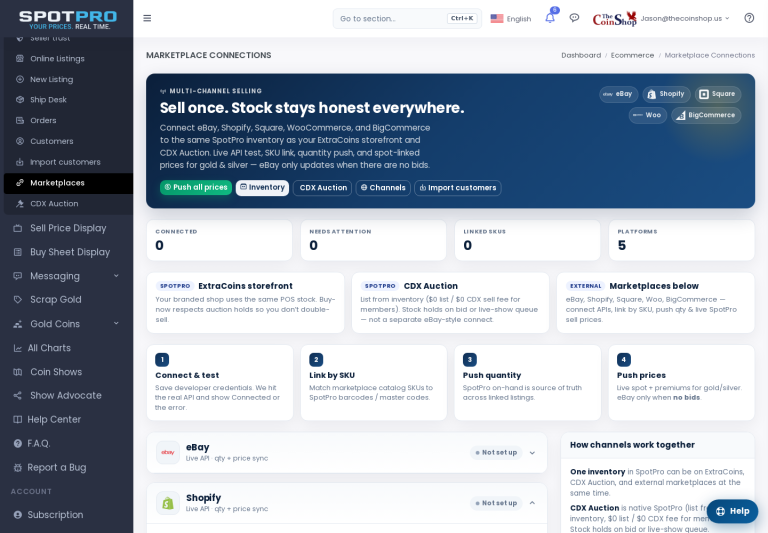 SpotPro Marketplace Connections — Connect eBay then list from inventory